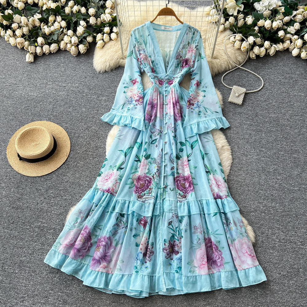 Vacation style printingv neck lantern sleeve dress women's early spring waist ruffles a-line long skirt classy style