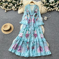 Vacation style printingv neck lantern sleeve dress women's early spring waist ruffles a-line long skirt classy style