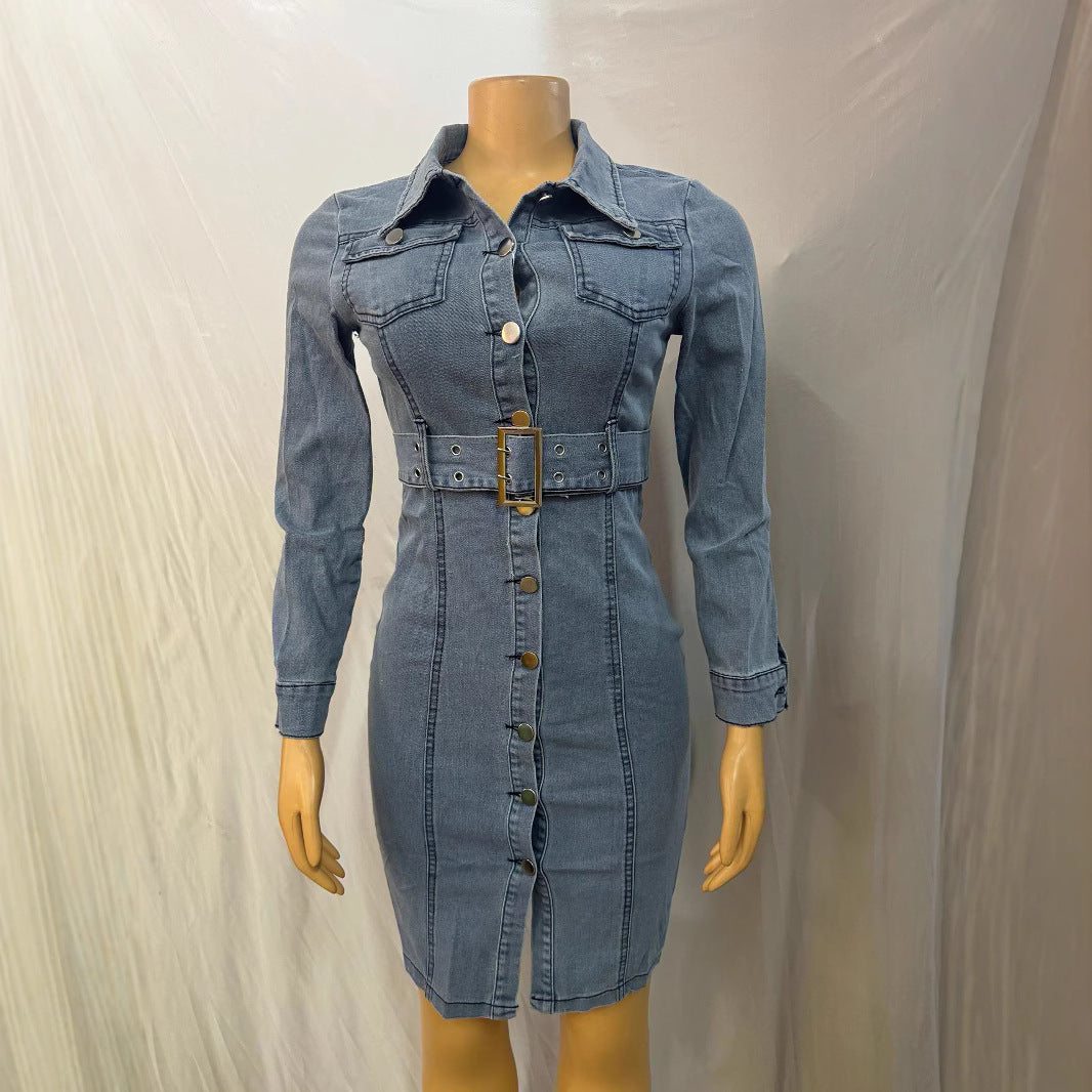 Cross-border Europe, America,  new women's clothing fashion lapel cardigan slim denim dress  wholesale women