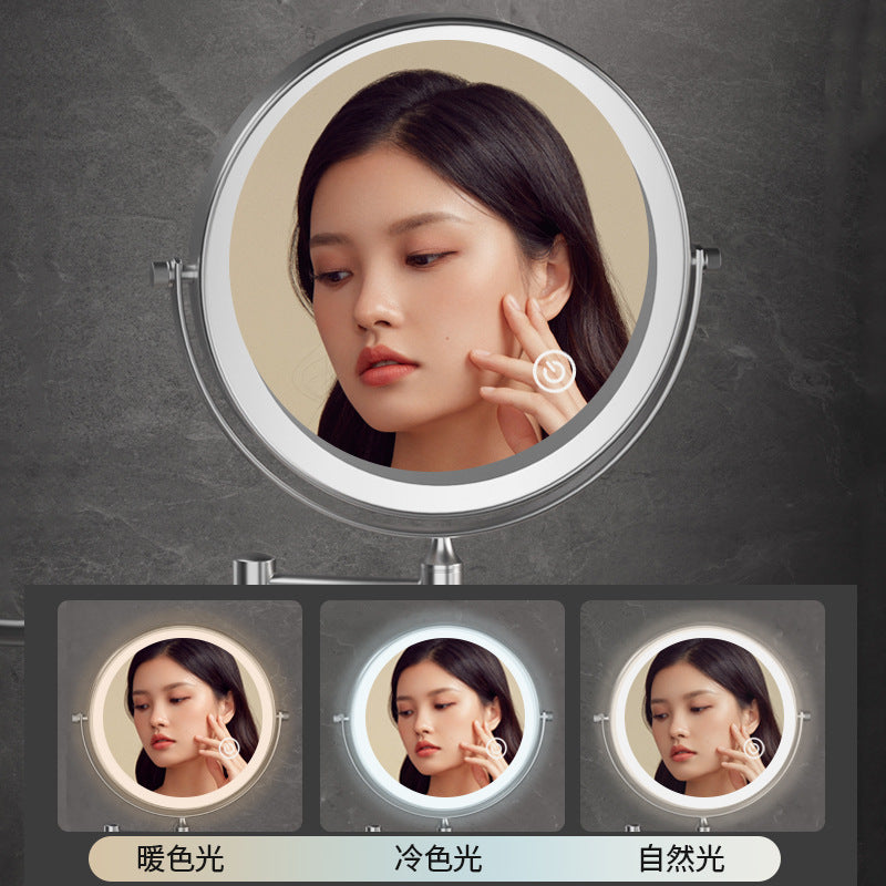 Punch-free wall-mounted folding makeup mirror for bathroom, magnifying, extendable, double-sided led lighted vanity mirror for hotel use