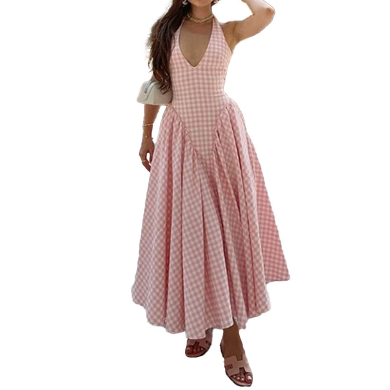 cross-border e-commerce european and american women's clothing: new summer collection - elegant halter v-neck, waist-cinching french dress