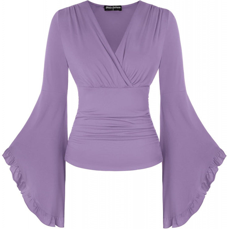 Amazon fashion pure desire v neck bell sleeve shirt  spring new style wrapped casual ruffle tops