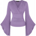 Amazon fashion pure desire v neck bell sleeve shirt  spring new style wrapped casual ruffle tops