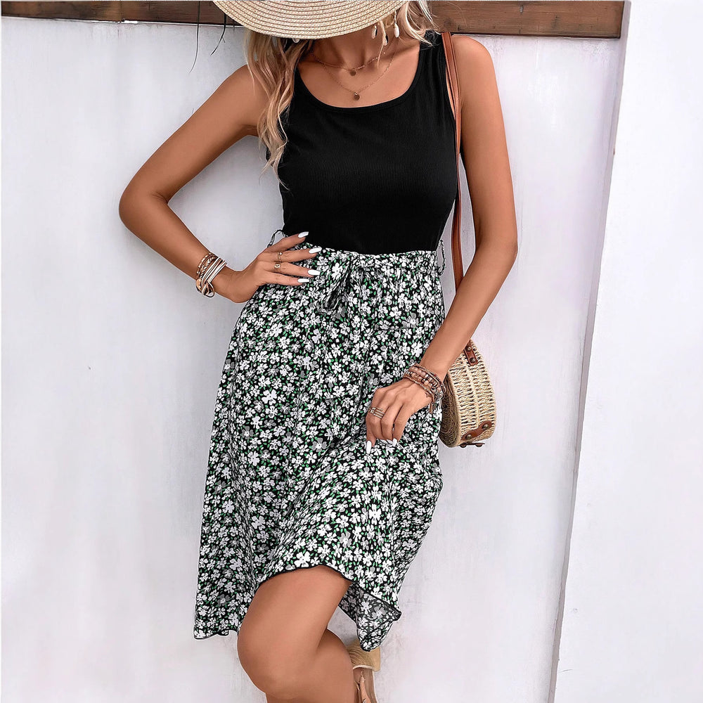 European and american cross-border factory direct sales, new summer european and american retro women's v-neck sleeveless black and floral print maxi dress