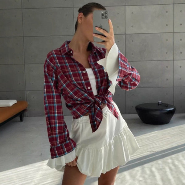 American fashion plaid shirt women's red and blue contrasting lapels  casual loose shirt plaid sunscreen jacket