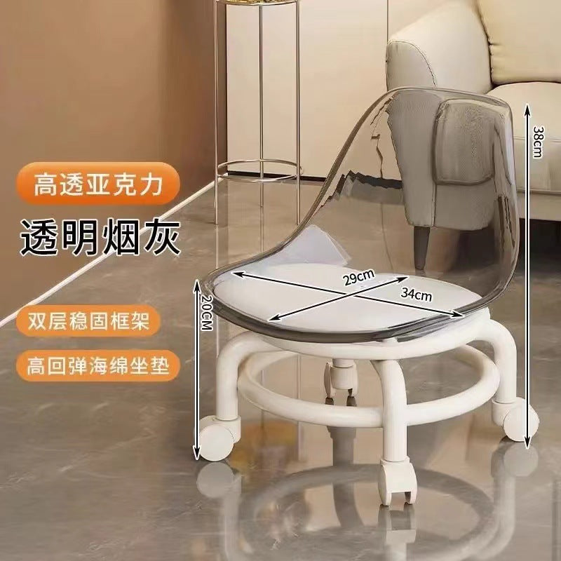 Acrylic swivel stool with low seat, silent transparent backrest, small chair with casters, baby-sitting stool, trendy shoe changing stool