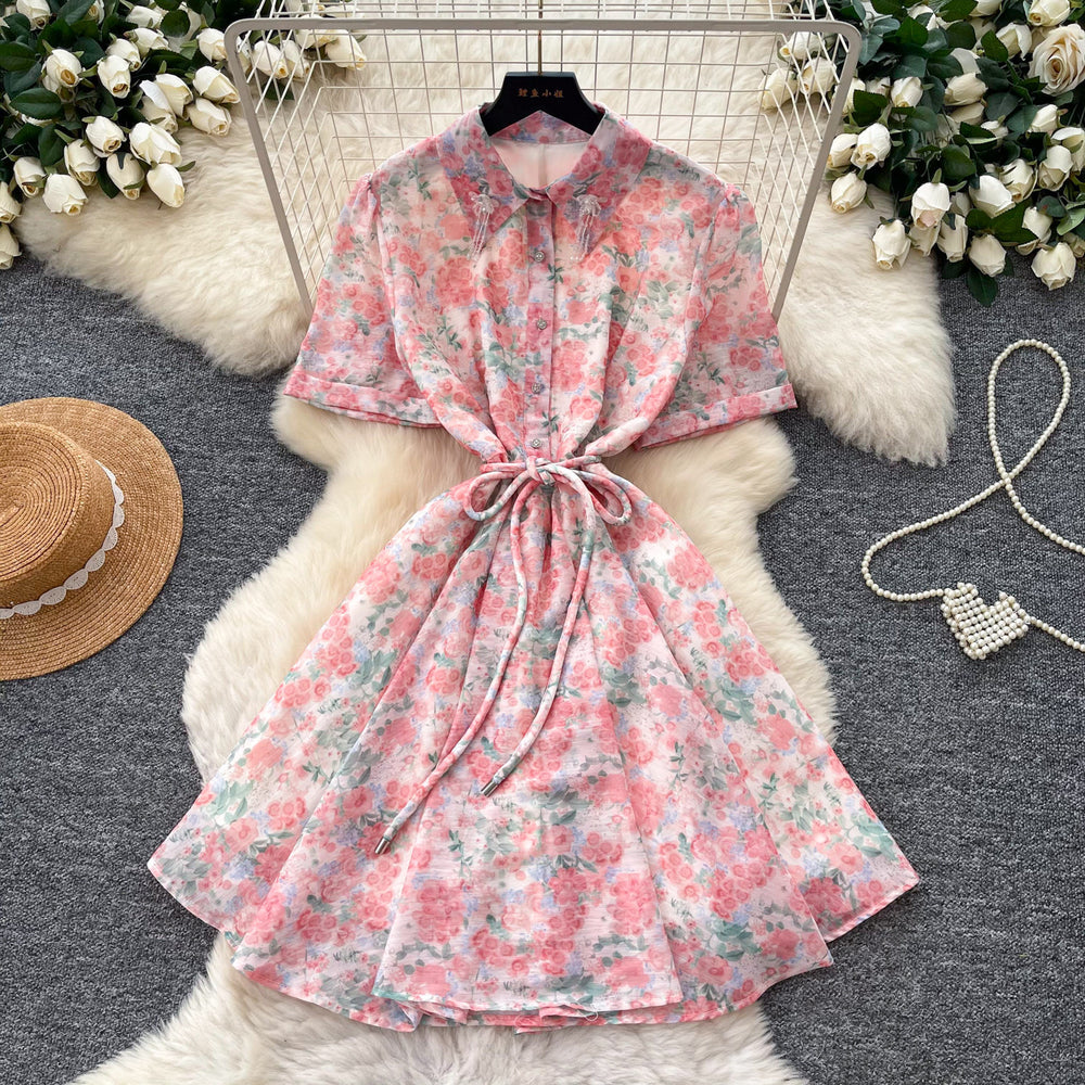 Frenchromantic style floral elegantdress women's summerk-style waist slimming look a-line skirt gentle tie back