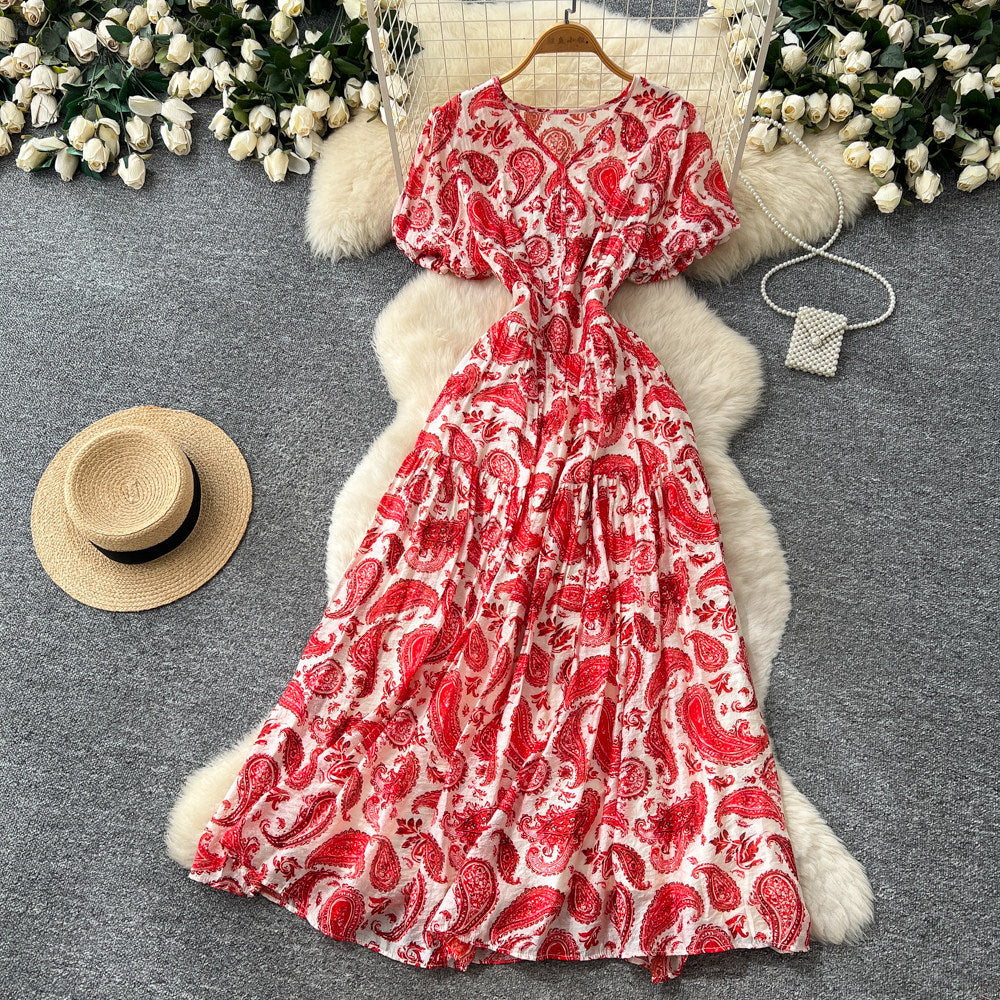 French retro v-neck short sleeve printed dress - women's summer european & american style korean slimming a-line maxi dress
