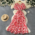 French retro v-neck short sleeve printed dress - women's summer european & american style korean slimming a-line maxi dress