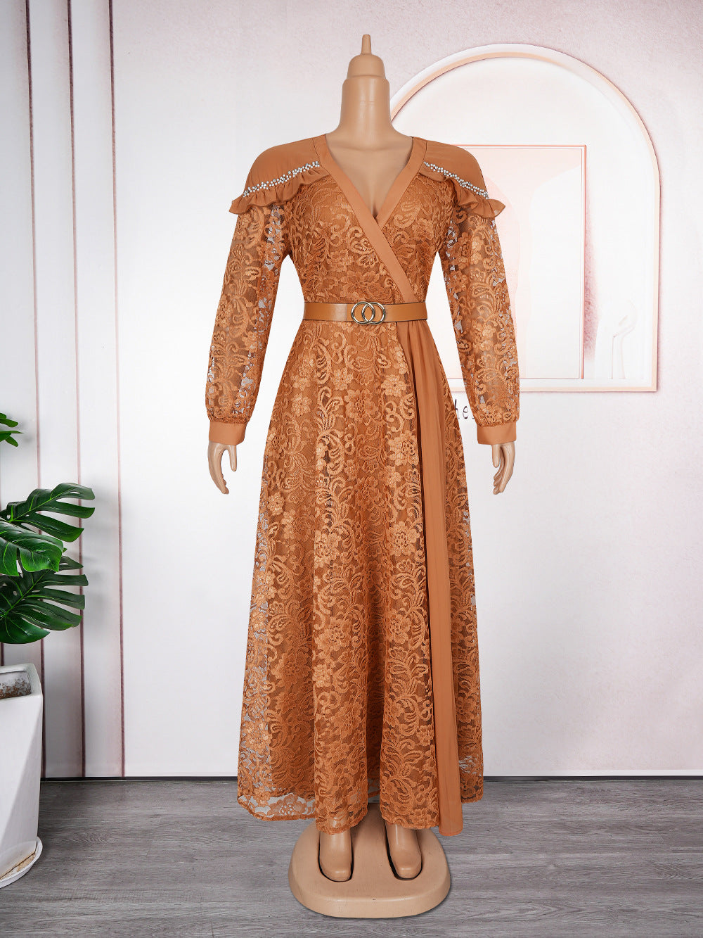 Amazon fashion cross-border export young lady style waist patchwork lace dress women's plus size elegance long skirt
