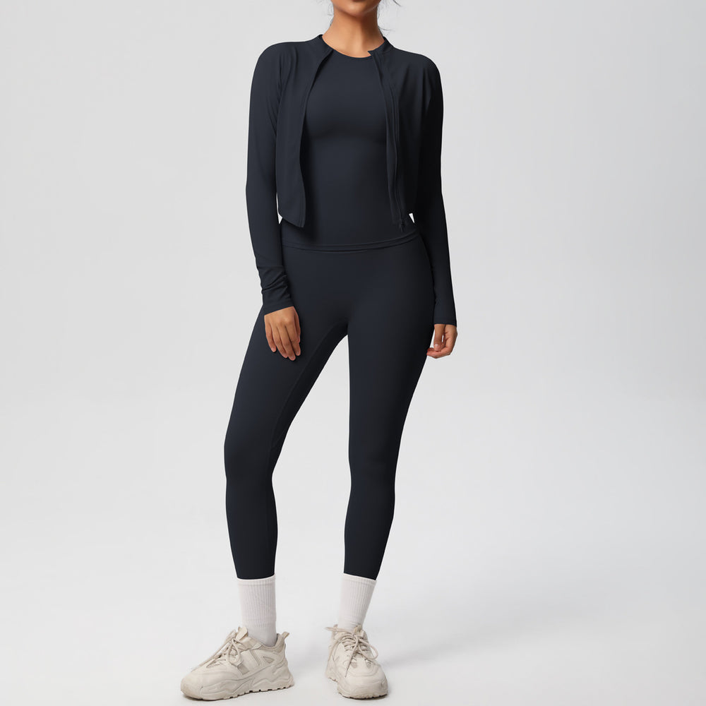 Ready-to-ship cross-border double-sided brushed microfiber seamless, breathable, and skin-friendly three-piece activewear set for women, perfect for running, fitness, and yoga