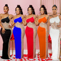 C6271 cross-border   fashion women's solid color rhinestone sleeveless cami maxi dress