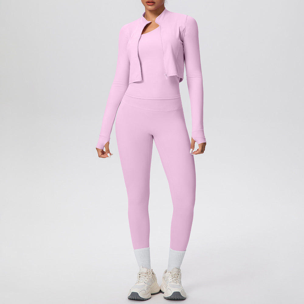 Cloud-feel quick-dry zip-up jacket high-waisted yoga leggings set - outdoor casual running fitness activewear 3-piece set