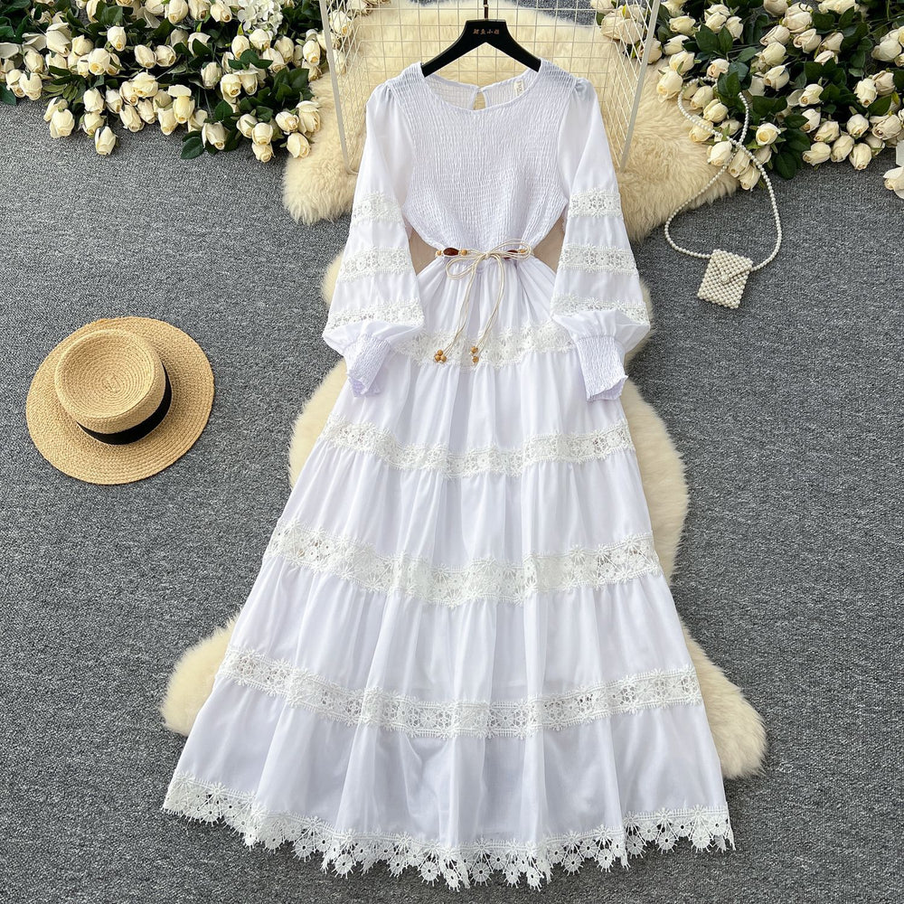 High-end elegant dress - spring  collection: french-inspired fashion with cutout lace, patchwork, cinched waist, and a flowy, vintage-style maxi skirt