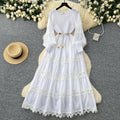 High-end elegant dress - spring  collection: french-inspired fashion with cutout lace, patchwork, cinched waist, and a flowy, vintage-style maxi skirt