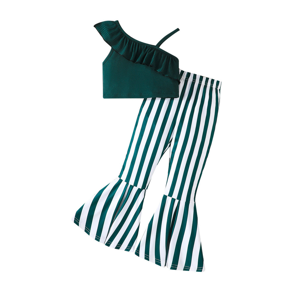 fashion children's wear cross-border girls' ruffles suspender tops stripes flare pants suit children's wear