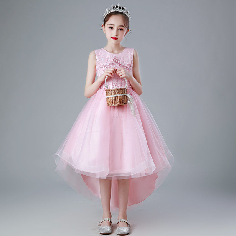 summer girls' tulle princess dress with train - sizes 3-13 years, mid-to-large children's formal dress, floral kids' dress