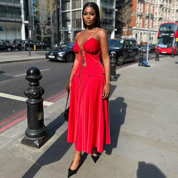 European and American  women's clothing 2025 summer new fashionable sexy straps suspender top high waist skirt set