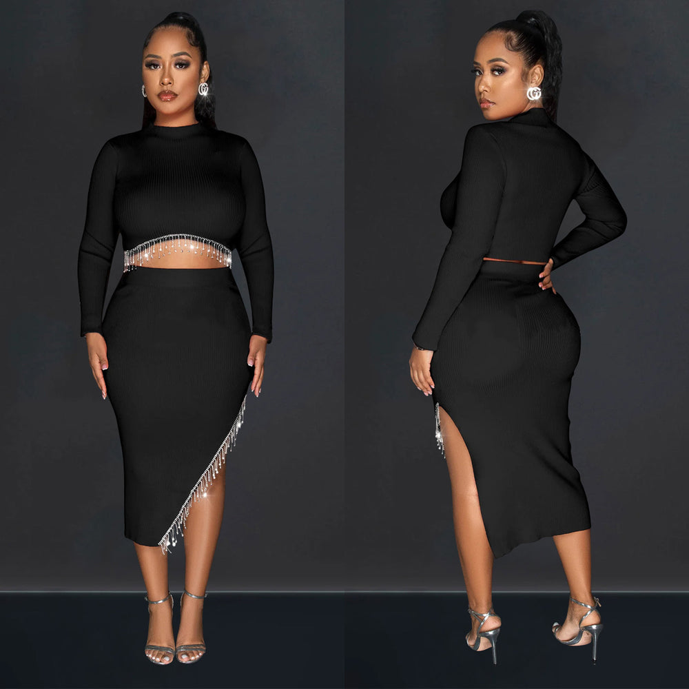 C6829 cross-border   fashion women's solid color long sleeve cropped two-piece dress set