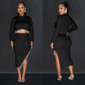 C6829 cross-border   fashion women's solid color long sleeve cropped two-piece dress set
