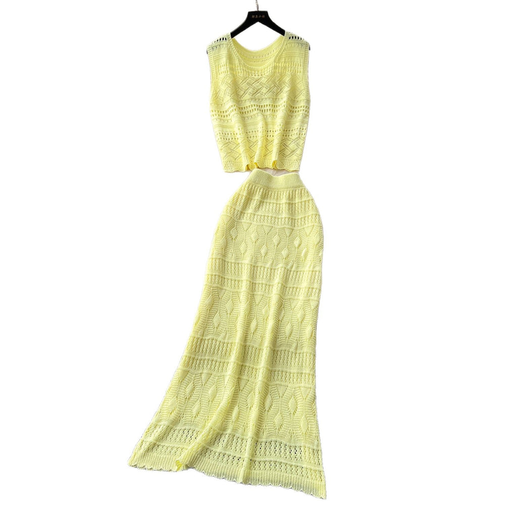 Korean sweet age reduction cut out crochet knittingtops women's high waist tight hip cover skirt summer clothes elegantsuit