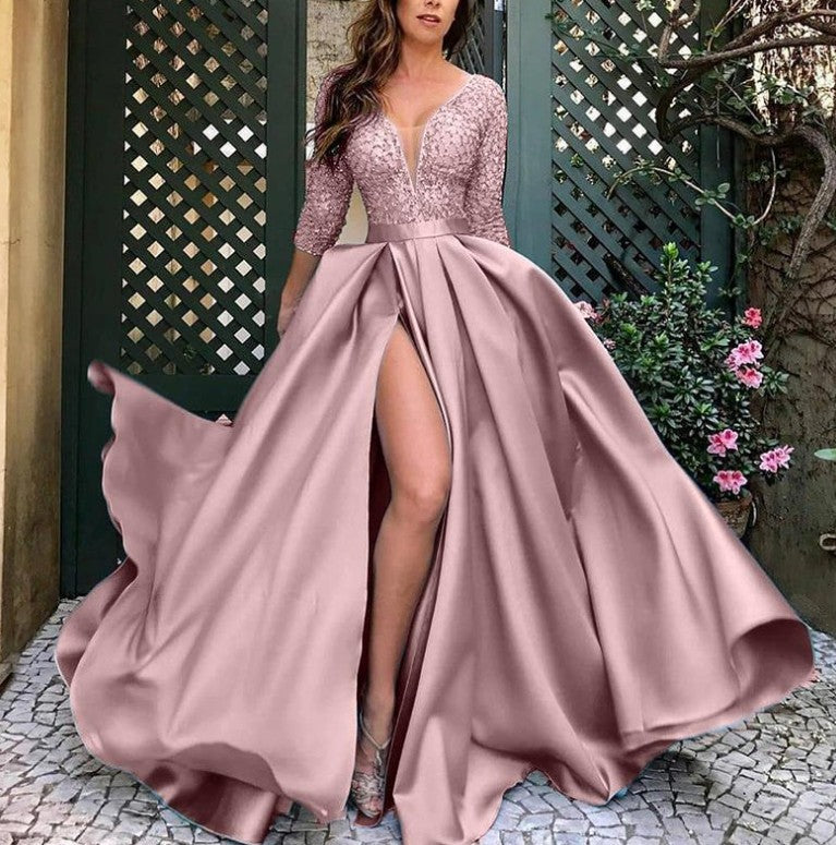 new european and american style women's foreign trade independent website lace sequin flared sexy long dress with train for banquet evening gowns