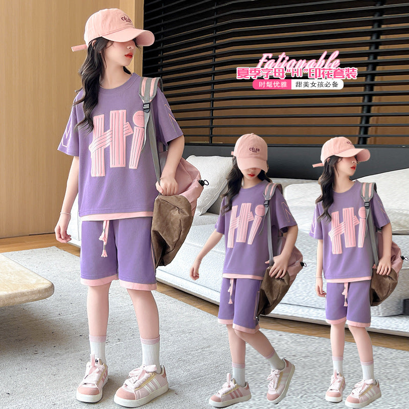 Girls' summer outfit set  new style, trendy and chic two-piece set for girls, perfect for casual wear and easy matching, available in sizes for mid-to-large children
