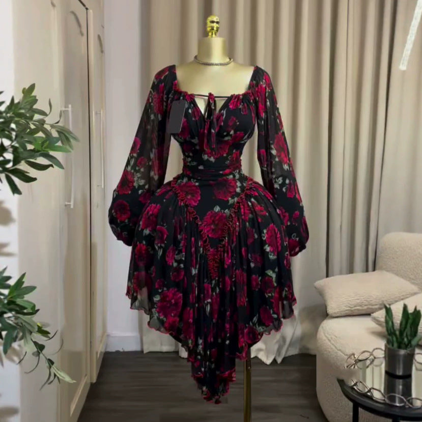 European and american cross-border women's fashion:  summer new arrivals - sexy, elegant, tie-up, printed, slim-fit, asymmetrical mini dress