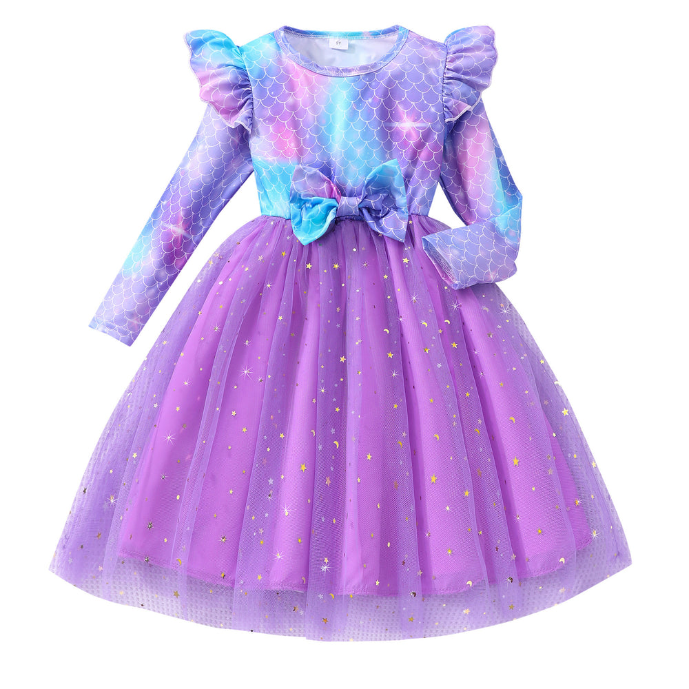 Kids' long-sleeve crewneck dress with fish scale mesh detail - christmas green