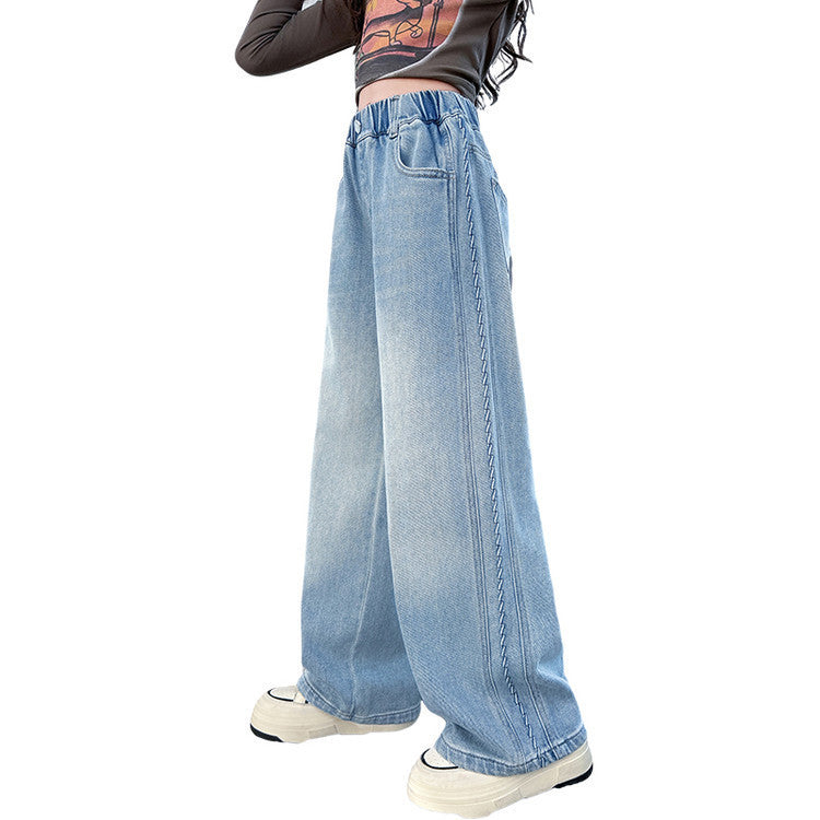 Girls' light wash denim wide leg pants - spring  new collection - stylish kids' and big girls' straight leg trousers - spring/autumn style
