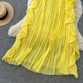 Vacation-style yellow tube top, loose-fitting sleeveless dress for women, summer ruffle trim halter neck design, french-inspired maxi dress