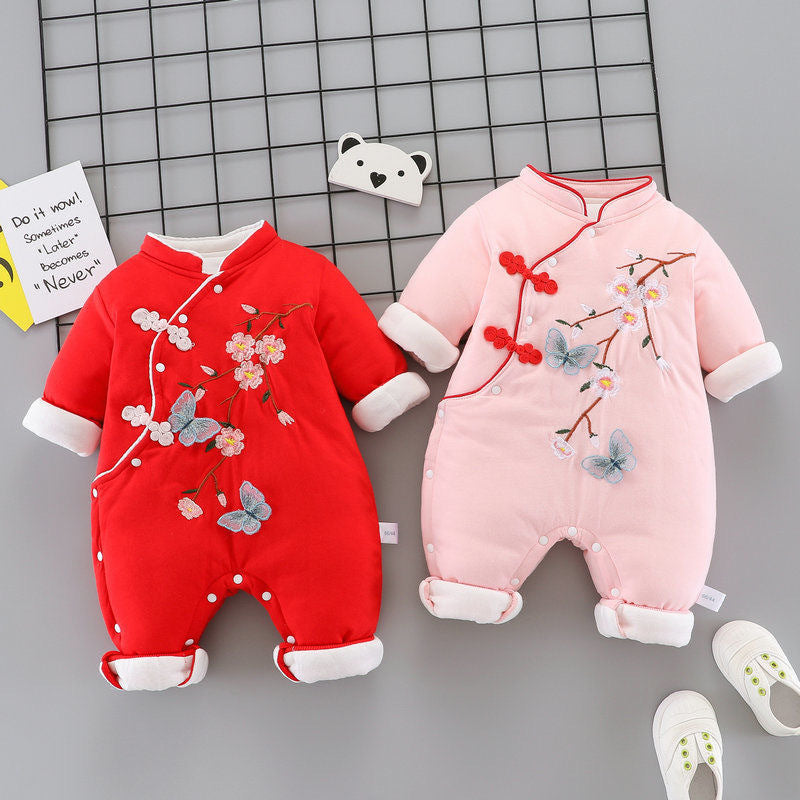 Baby quilted long sleeves one-piece baby girl 100-week dress chinese style thin cotton romper jumpsuit