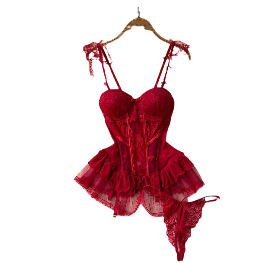 Summer sexy retro chic hot girl pure desire style lace mesh ruffle trim cinched waist bandeau slip dress