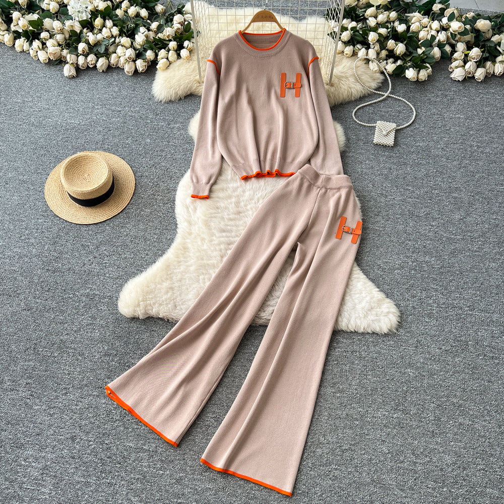 European and american style women's autumn outfit: chic, loose-fit, casual letter embroidered long-sleeve knit top with high-waisted wide-leg pants