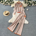 European and american style women's autumn outfit: chic, loose-fit, casual letter embroidered long-sleeve knit top with high-waisted wide-leg pants