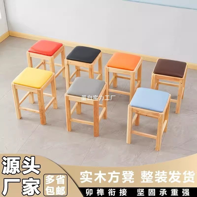 Commercial Square Stool Catering Snack Noodle Restaurant Breakfast Milk Tea Rice BBQ Burger Fast Food Restaurant Backless Solid Wood Stool Household