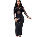 European and american women's clothing cross-border trade manufacturer  new round neck mesh panel long sleeve midi bodycon dress