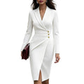 European and american new arrival: elegant slim-fit solid color blazer collar long sleeve dress with button accents