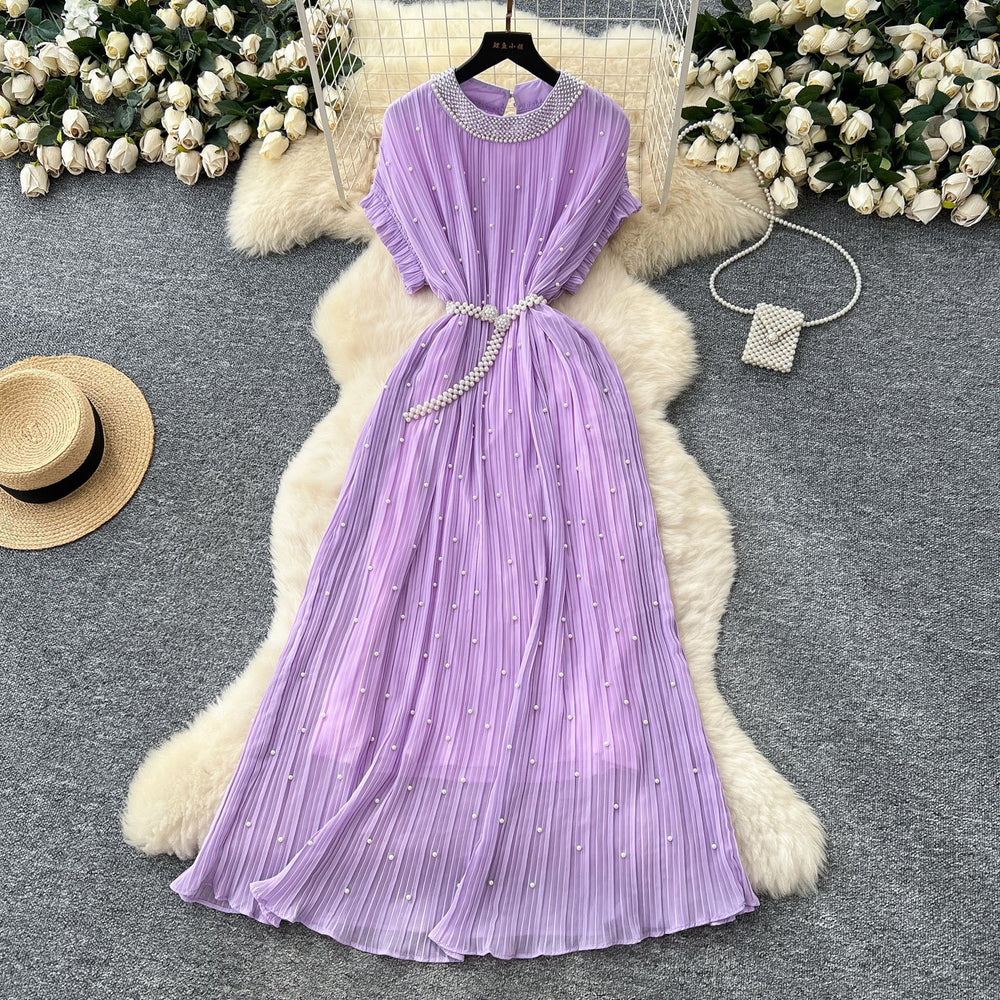 summer women's niche high-end beaded round neck short sleeve tie-waist pleated dress