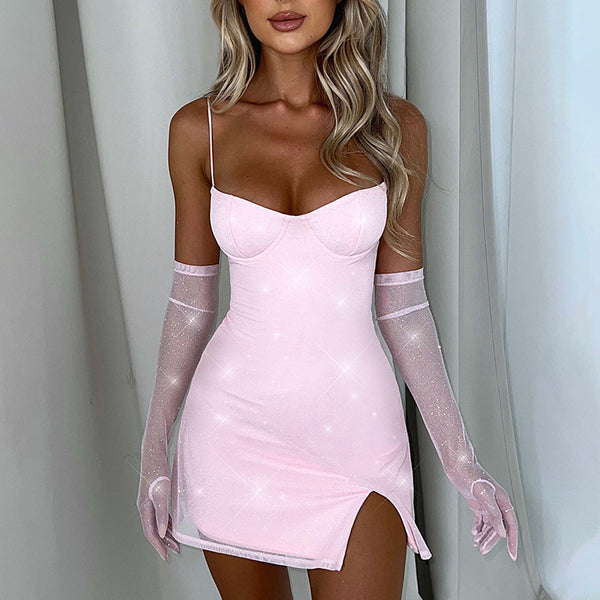 wish2025 summer new hot silver mesh suspender dress women's fashion sexy backless long-sleeved short skirt
