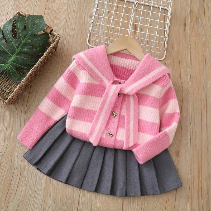 Girls' autumn/winter new jk uniform set , preppy style two-piece outfit, little girl's knit cardigan set