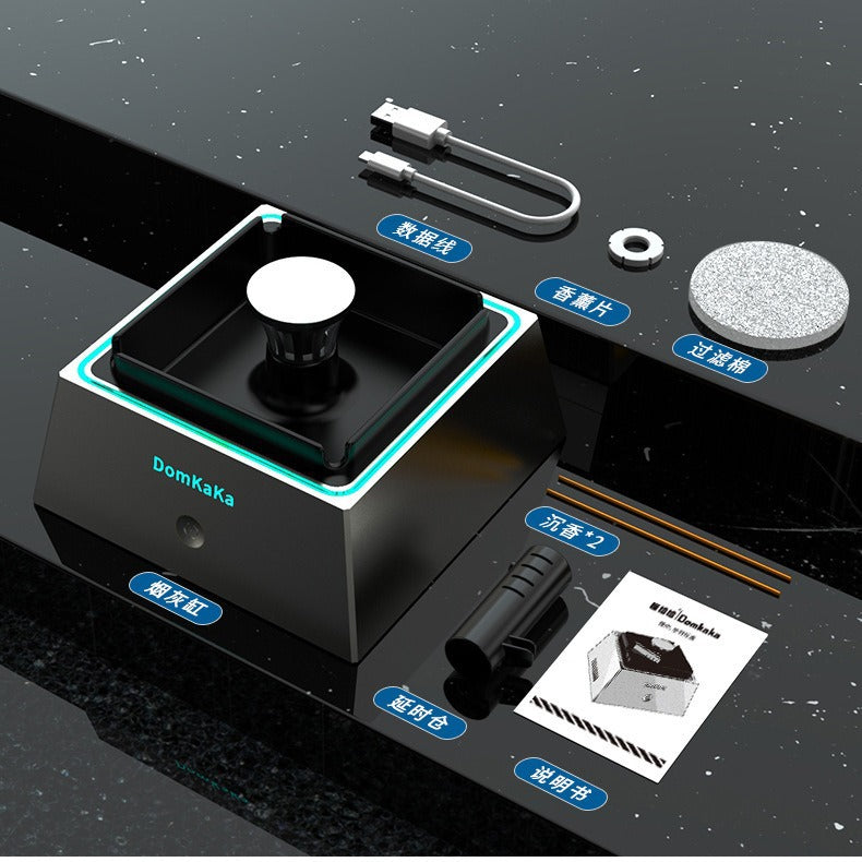 Usb powered smart ashtray with ambient lighting, negative ion air purifier, passive smoke remover, and silent air purifier for home use