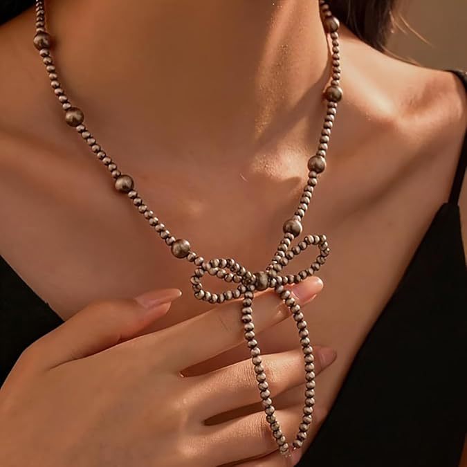 European and american cross-border jewelry amazon hot-selling bow necklace turquoise imitation pearl western cowboy style necklace