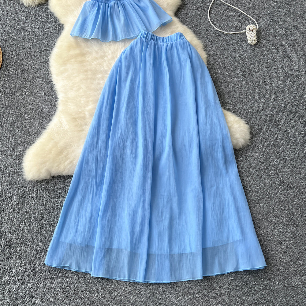 Vacation style suit women's summerfrench waist sleeveless haltertopshigh waistslimming look large swing skirt two-piece set