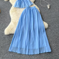 Vacation style suit women's summerfrench waist sleeveless haltertopshigh waistslimming look large swing skirt two-piece set