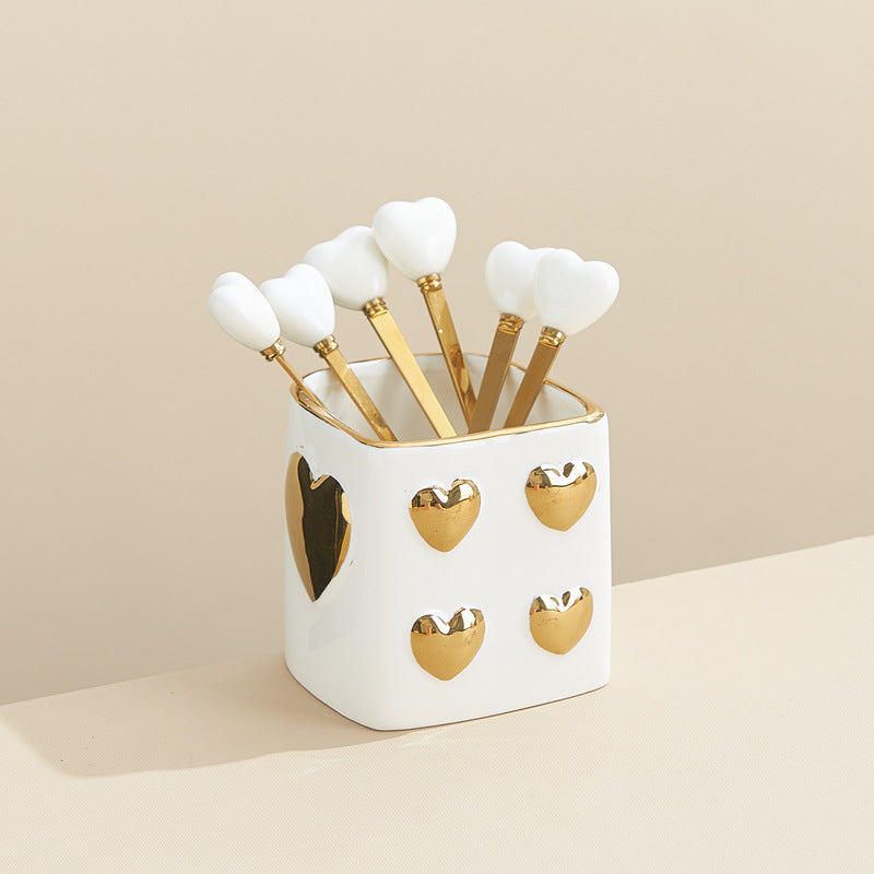 Luxury nordic-style heart-shaped ceramic utensil holder with stainless steel fruit tea spoons – perfect for afternoon tea and dessert forks