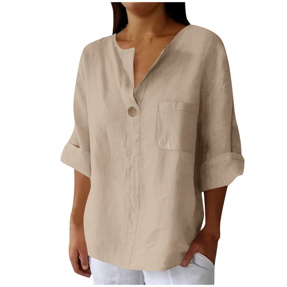 cross-border fashion summer new loose t-shirt women's v neck cotton and linen button tops