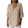 cross-border fashion summer new loose t-shirt women's v neck cotton and linen button tops