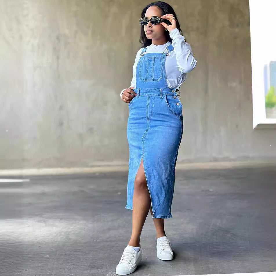 European and american style straight-leg overalls dress -  cross-border women's fashion streetwear - large pocket slit denim skirt