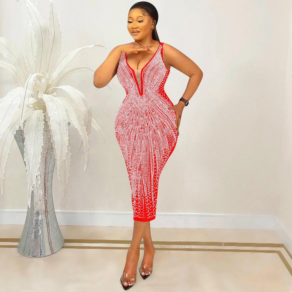 C5808 cross-border new arrival:  &  fashionable women's sexy bodycon v-neck rhinestone embellished camisole dress for us & european markets